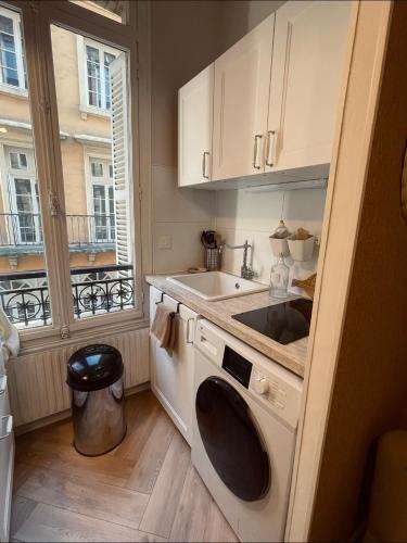 une cuisine avec un évier et une machine à laver dans l'établissement Le cocon de Rouen, à Rouen