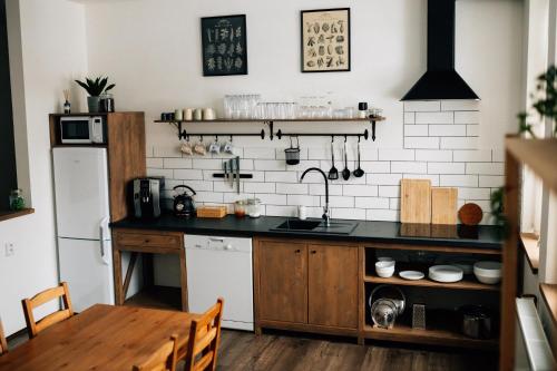 a kitchen with a black counter top and a refrigerator at Horalka Apartments in Jáchymov