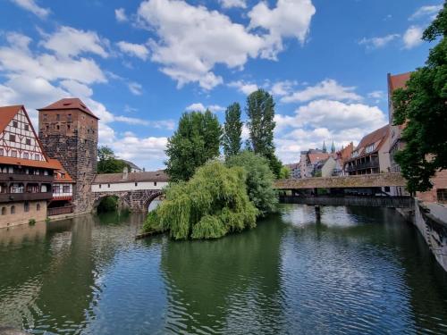 une rivière dans une ville avec un pont et des bâtiments dans l'établissement Altbau Charme in der Nürnberger Innenstadt, à Nuremberg