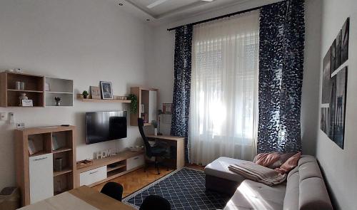 Una sala de estar con un sofá y un televisor. en Ella Home at Dóm, en Szeged