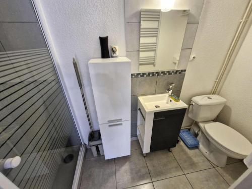 une salle de bain avec toilettes, lavabo et miroir dans l'établissement Résidence Hawai 1 - VILLA T1 MEZZ 4 couchages PORT LEUCATE. Réf: 7H1_444 MAE-1861, à Leucate