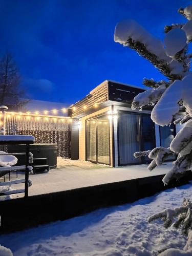 a house in the snow at night with lights at Будиночок В&W у Карпатах in Vorokhta