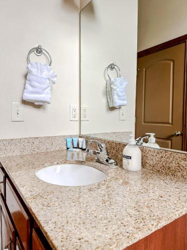 a bathroom counter with a sink and a mirror at Sleepover 2BD 1BA Condos Downtown Springfield in Springfield