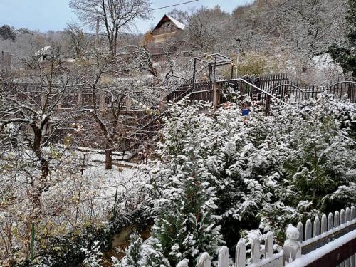 a garden covered in snow with a fence at Mountains Apartment Elb Canyon in Ústí nad Labem
