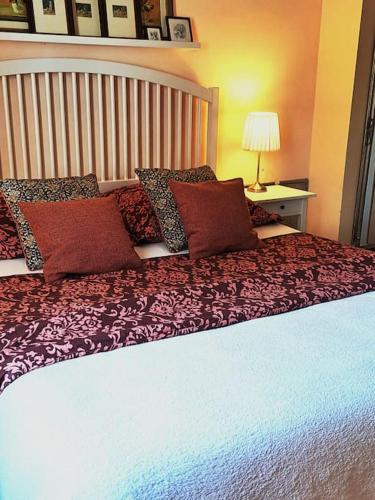 a bedroom with a large bed with red pillows at Mountains Apartment Elb Canyon in Ústí nad Labem