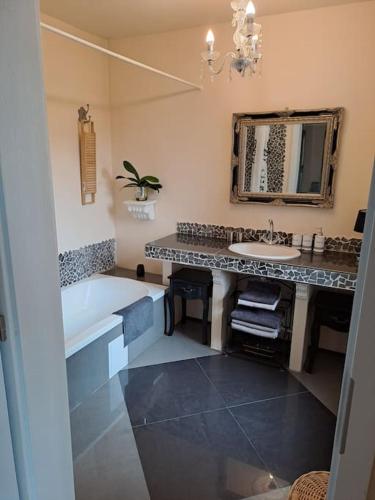 a bathroom with a sink and a tub and a mirror at Mountains Apartment Elb Canyon in Ústí nad Labem
