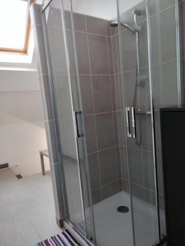 une douche avec une porte vitrée dans une salle de bain dans l'établissement Duplex proche du centre-ville, à Decize