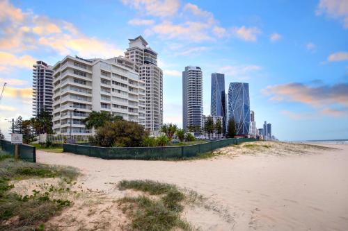 a view of a beach with tall buildings at Viscount on the Beach in Gold Coast