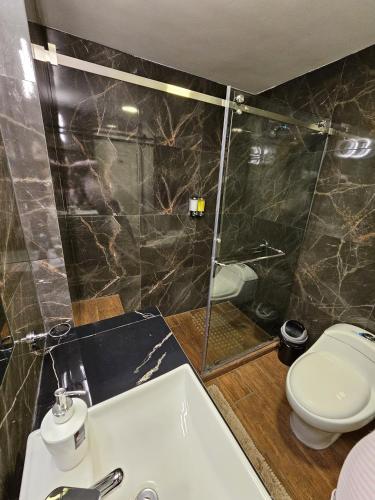 a bathroom with a shower and a toilet and a sink at La Fontana Suite #38 in Quito