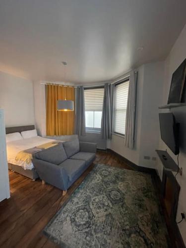 a bedroom with a bed and a couch and a television at 1 Large Comfy Garden Studio - Prime Location in Brighton & Hove