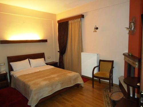 a hotel room with a bed and a chair at Hotel Kokkinos Vrachos in Elati Trikalon