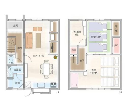a floor plan of a house with drawings of it at oyadoya nagoya nakamura 地下鉄中村公園駅徒歩7分 最大8名 駐車場有り in Nagoya