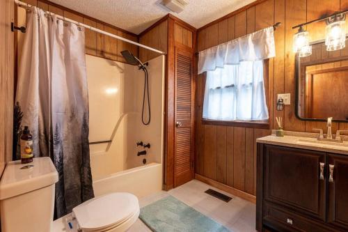 Un baño con inodoro, ducha y lavabo. en Big Bear Cave, en Blue Ridge