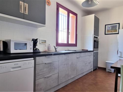 une cuisine avec un évier et un micro-ondes dans l'établissement Charmante maison climatisée proche plage et commerces à Banyuls-sur-Mer, jardin et terrasse - FR-1-309-34, à Banyuls-sur-Mer