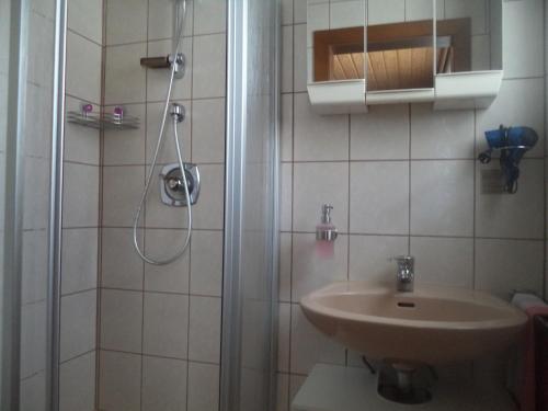 un baño con lavabo y ducha en Gästehaus Bischof, en Schöder