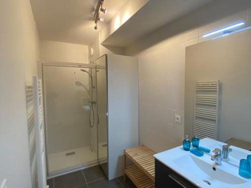 La salle de bains est pourvue d'une douche et d'un lavabo blanc. dans l'établissement Appartement 4 étoiles à Villard-de-Lans, 2 chambres, terrasse sud, parking et navette ski - FR-1-737-91, à Villard-de-Lans