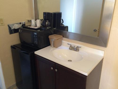 a bathroom with a sink and a microwave at Alamo Motel in Sheridan
