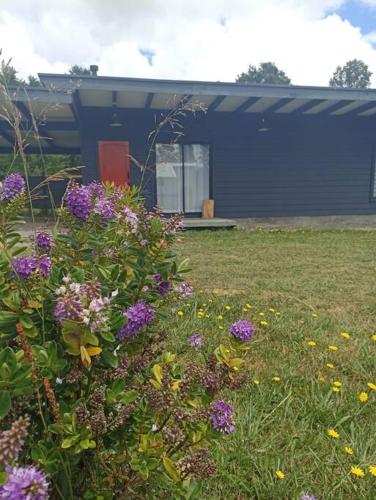 a garden with purple flowers in front of a house at Lakustre Cabins - Acogedora cabañita de campo a 7 min de Panguipulli in Panguipulli