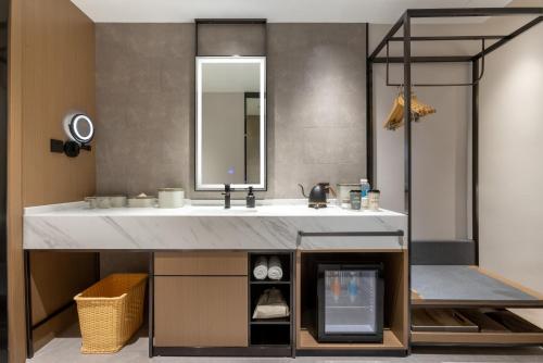 拉萨拉萨布达拉宫广场亚朵酒店的浴室里有洗手池和镜子