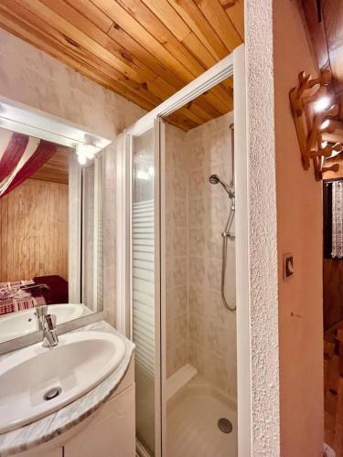 une salle de bain avec un lavabo et une douche dans l'établissement Chalet des Esquits, à Bolquère-Pyrénées 2000