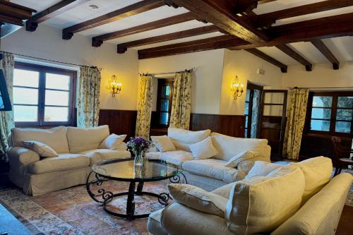 a living room with couches and a table and windows at Chalet Miralago in Plesio