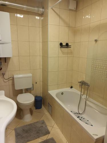 a bathroom with a tub and a toilet and a sink at Blue harmony SB in Slavonski Brod