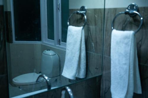 a bathroom with two towels and a toilet and a mirror at Sea La Vie Andaman in Haddo