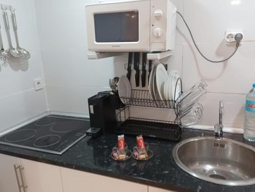 un bancone della cucina con forno a microonde e lavandino di Villa Romántica a Málaga