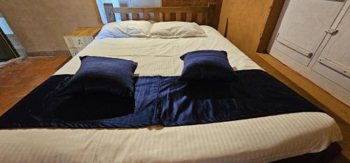 a bed with blue sheets and pillows on it at Kudil Mud Cottages, Cheemeni in Peringom