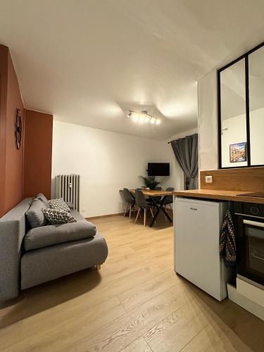 une cuisine et un salon avec un canapé et une table dans l'établissement Appartement au centre ville, à Strasbourg