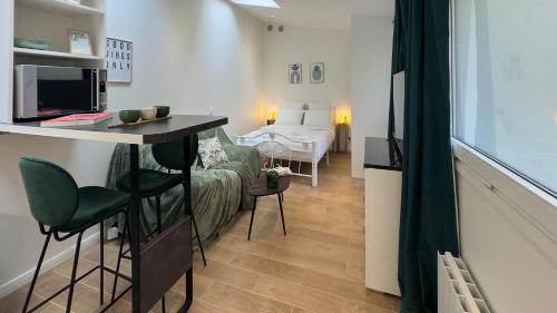 un salon avec un canapé et un lit dans l'établissement Penbed - Montparnasse 2 - Studio, à Paris