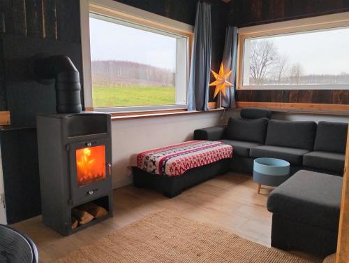 a living room with a couch and a wood stove at Agroturystyka Camilleri in Młynary