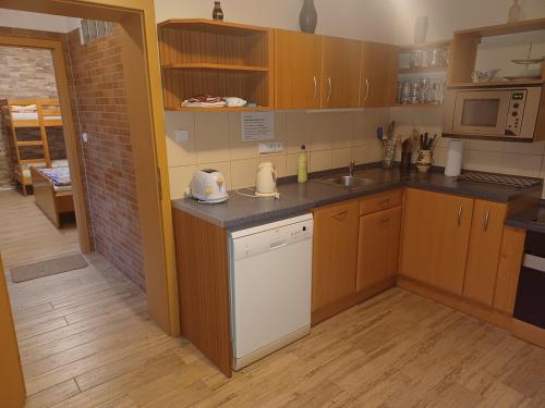 a kitchen with wooden cabinets and a white dishwasher at Penzion u Dyje in Bulhary