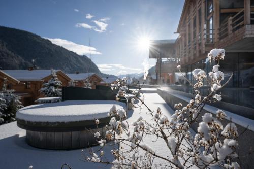 a plant with snow on it next to a building at Valsegg Chalets Südtirol - luxury and private hideaway in Valles