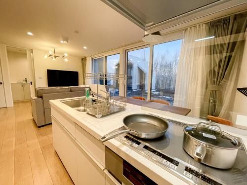 a kitchen with two pots and pans on a counter at Niseko White Villas I in Kombu