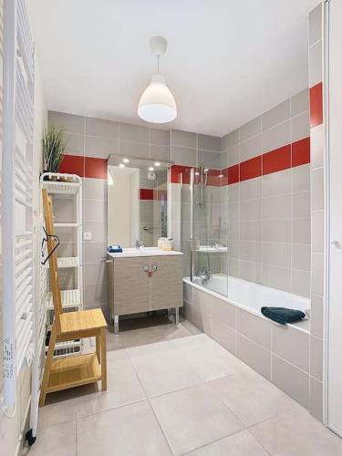 une salle de bain avec une baignoire, un lavabo et une douche dans l'établissement Le 56, 2 chambres, terrasse, Voiron, à Voiron