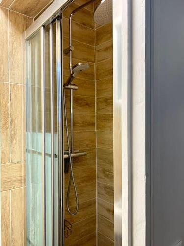 une douche avec pommeau de douche dans une salle de bain dans l'établissement Parc Montsouris - Longue durée, à Paris