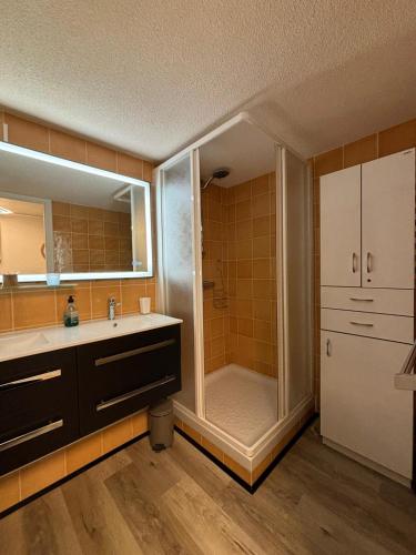 une salle de bain avec douche et lavabo dans l'établissement Mar i Munt, à Collioure