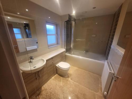 a bathroom with a sink and a toilet and a shower at Anchor Gardens Villa in Lindal in Furness