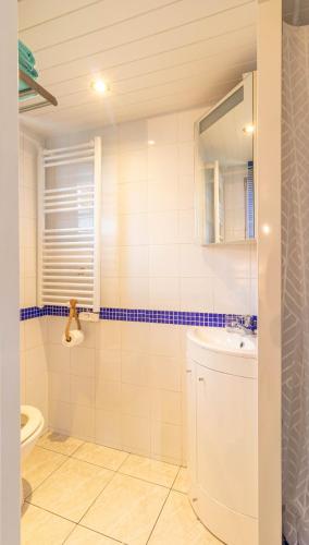 une salle de bain avec un lavabo, des toilettes et un miroir dans l'établissement Jolie petite maison climatisée parking privé, à Gujan-Mestras