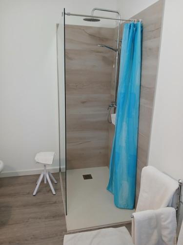 a shower with a blue shower curtain in a room at Al Giorgione in Caselle