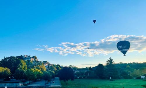 a hot air balloon flying over a green field at villa luxueuse en Provence, Luberon in Mane