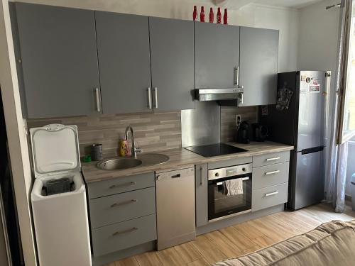 une cuisine avec des armoires blanches, un évier et un réfrigérateur dans l'établissement Vieux-Port, avec garage privé, à Marseille