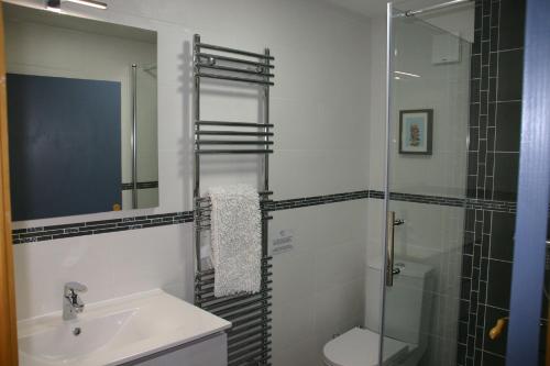 een badkamer met douche, wastafel en toilet bij Mas de la Giralde - Bed and Breakfast in Payzac