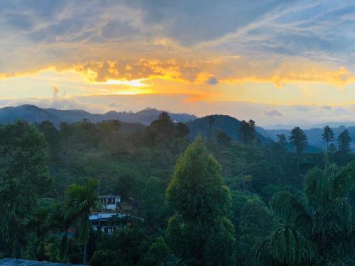 a sunset over a forest of trees with a house at NV Homestay in Ella