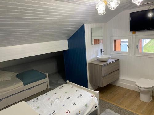 - une chambre avec des lits superposés, un lavabo et des toilettes dans l'établissement Appt La Mongie pied des pistes avec vues montagne, à Bagnères-de-Bigorre