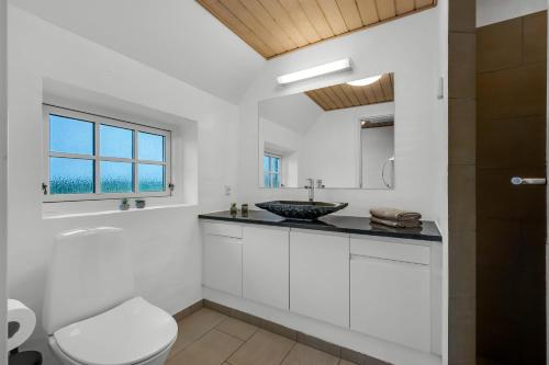 a white bathroom with a sink and a toilet at Large Holiday Home For 20 People With Large Pool, Hot Tub For 7 People And Activity Room in Ringkøbing
