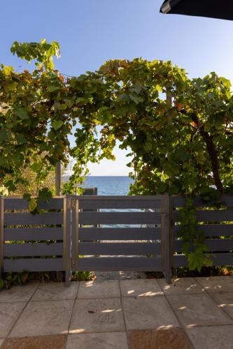 a fence with a view of the ocean behind it at Ammoudeli Apartments in Plomarion