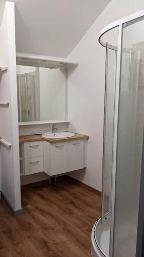 une salle de bain blanche avec un lavabo et une douche dans l'établissement Ludogîte Graine de Jeux, à Espaly-Saint-Marcel