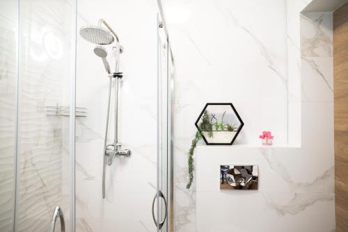 a shower with a glass door in a bathroom at RIVER SIDE in Polyana